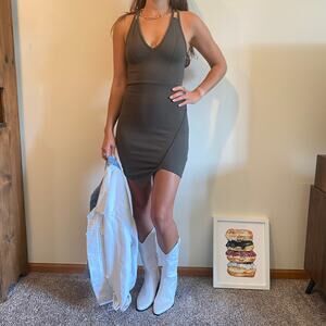 Lovely Day olive green strappy open back body con dress